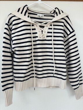 Moon River Cream and Black Striped Lace-Up V-Neck Hoodie Sweater